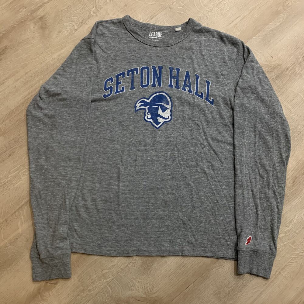 League Seton Hall University Pirates Long Sleeve T-Shirt Men's Small S Gray Blue